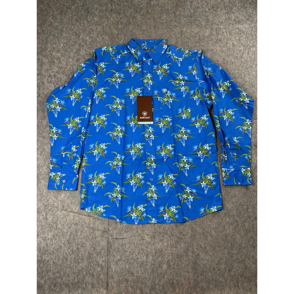 Ariat Mens Logan Classic Fit LS Shirt Neoprene Blue Steer Skull Floral Small NEW